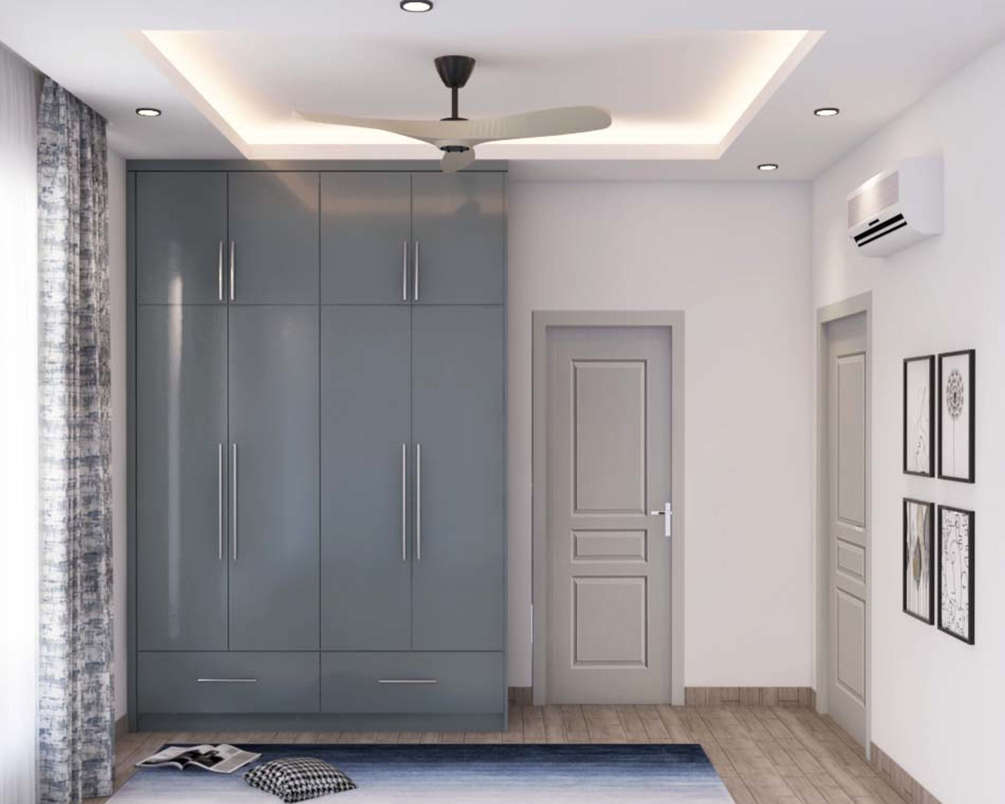Compact Silver Wardrobe Design With External Drawers | Livspace