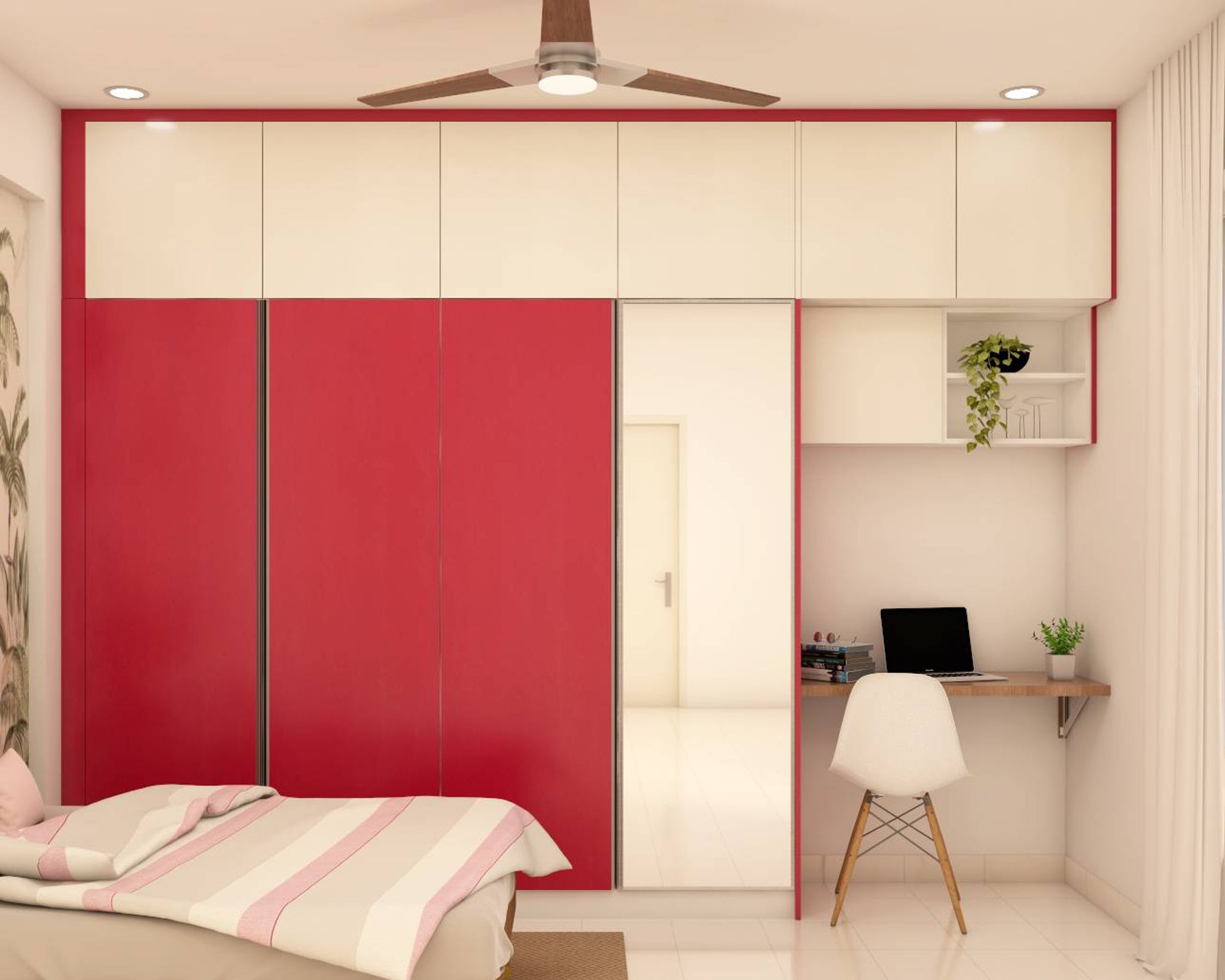 Compact Sliding Door Wardrobe Design In Red And White | Livspace