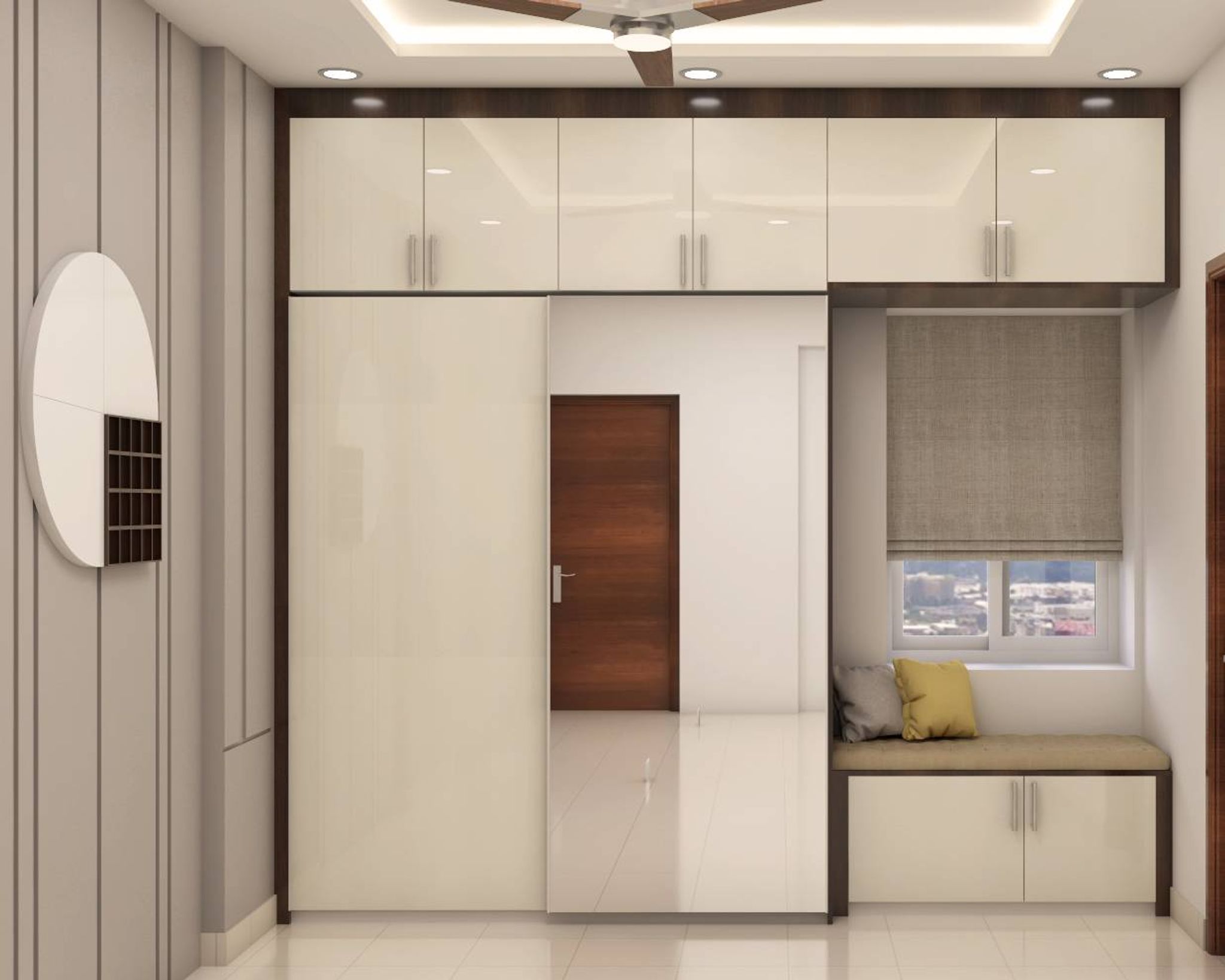 Compact Cream Sliding Door Wardrobe Design | Livspace