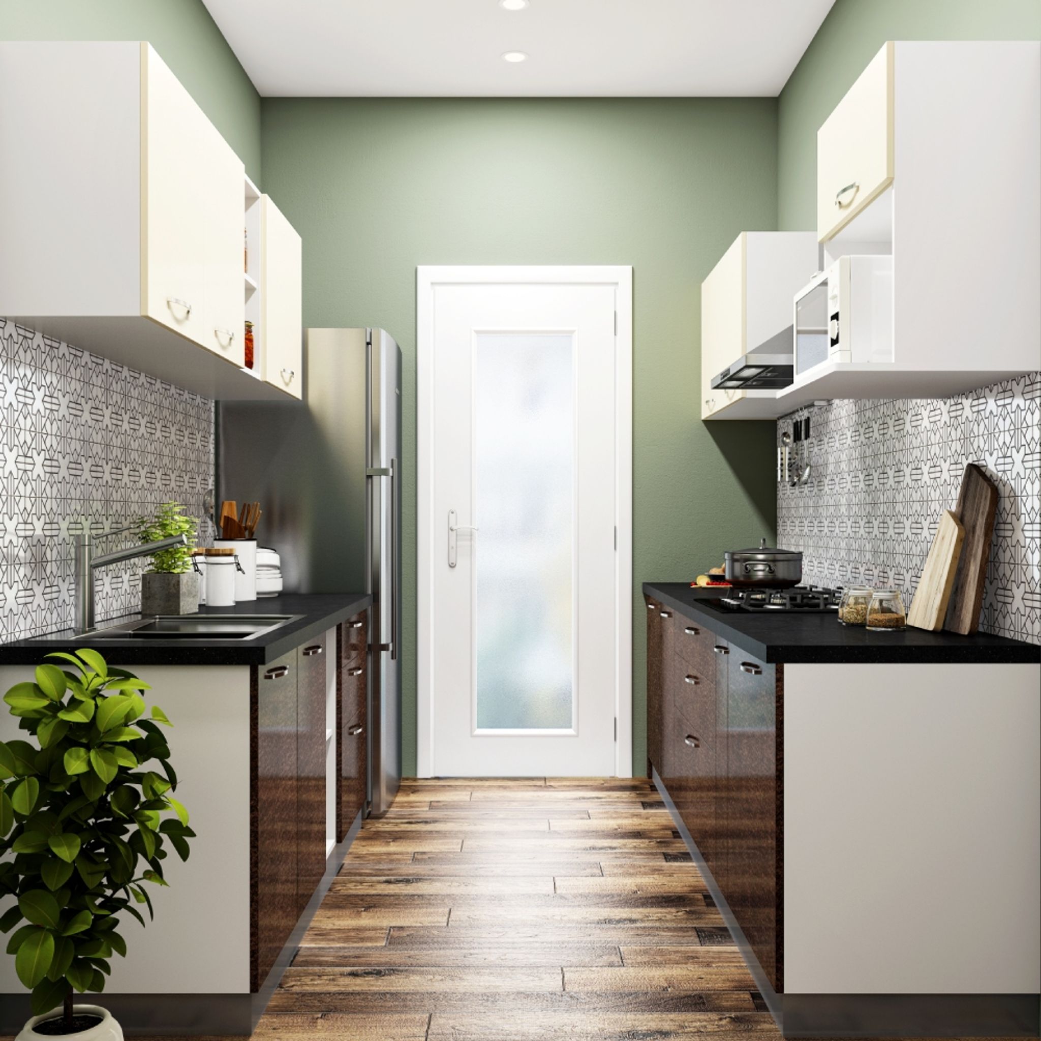 Modular Parallel Kitchen Design With Black And White Dado Tiles | Livspace