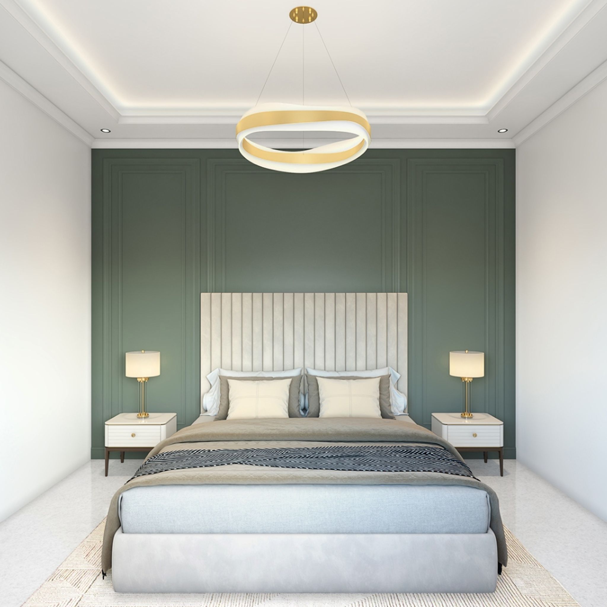Master Bedroom Design With Green Accent Wall And Trims - 11x11 Ft ...