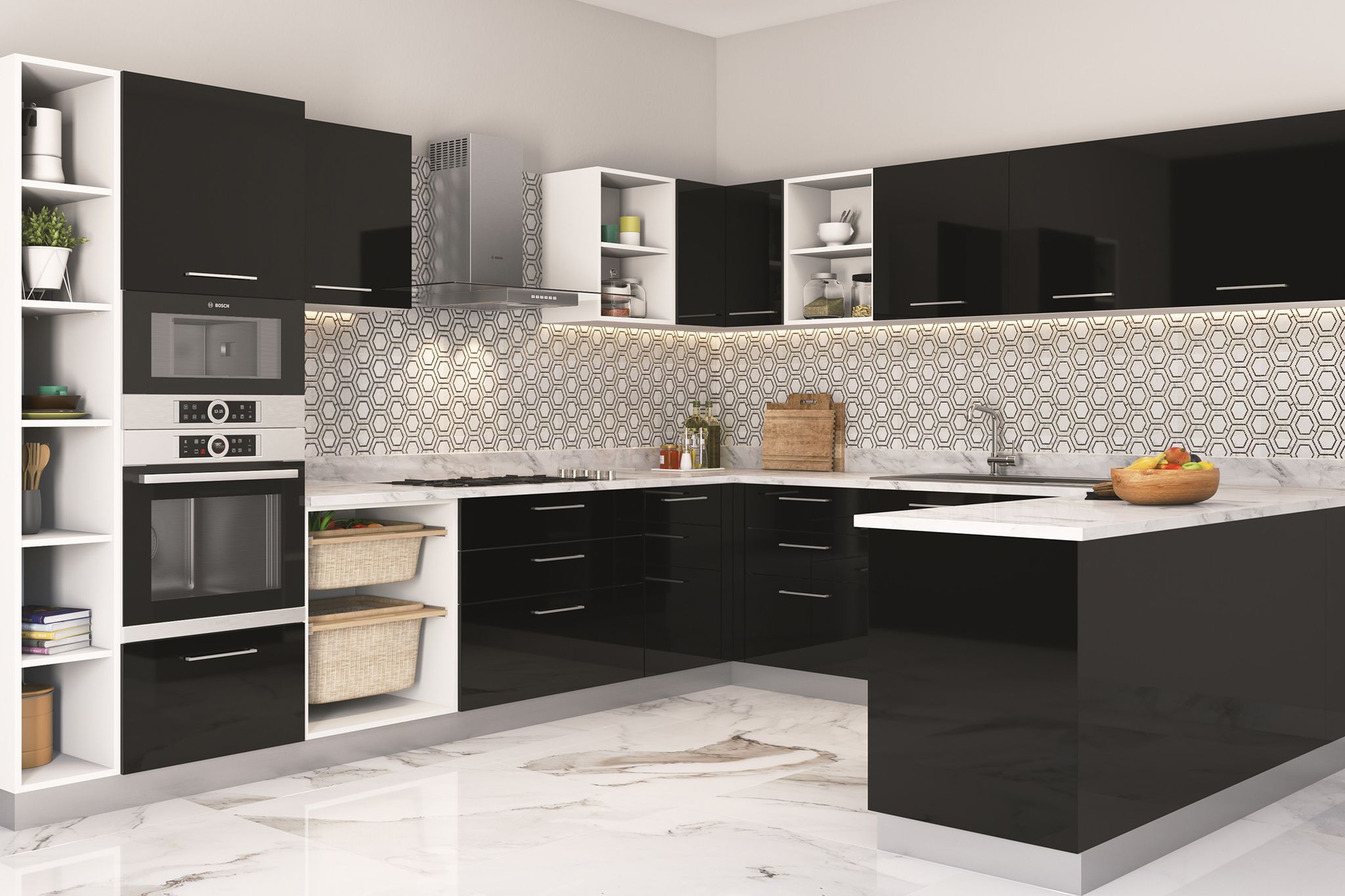 Porcelain Black And White Hexagonal Kitchen Tile Design | Livspace