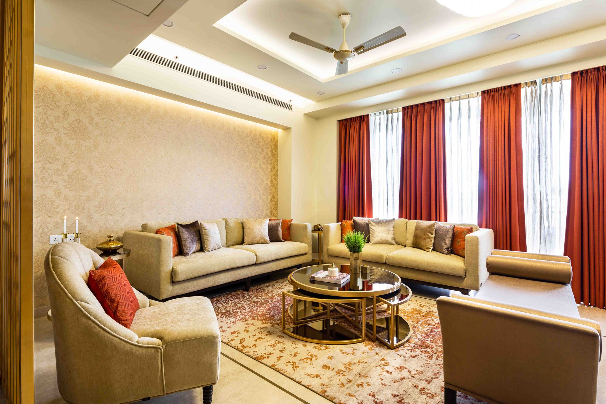 3-BHK Flat Design In Gurgaon With Rustic Guest Room And Red Brick Wall ...