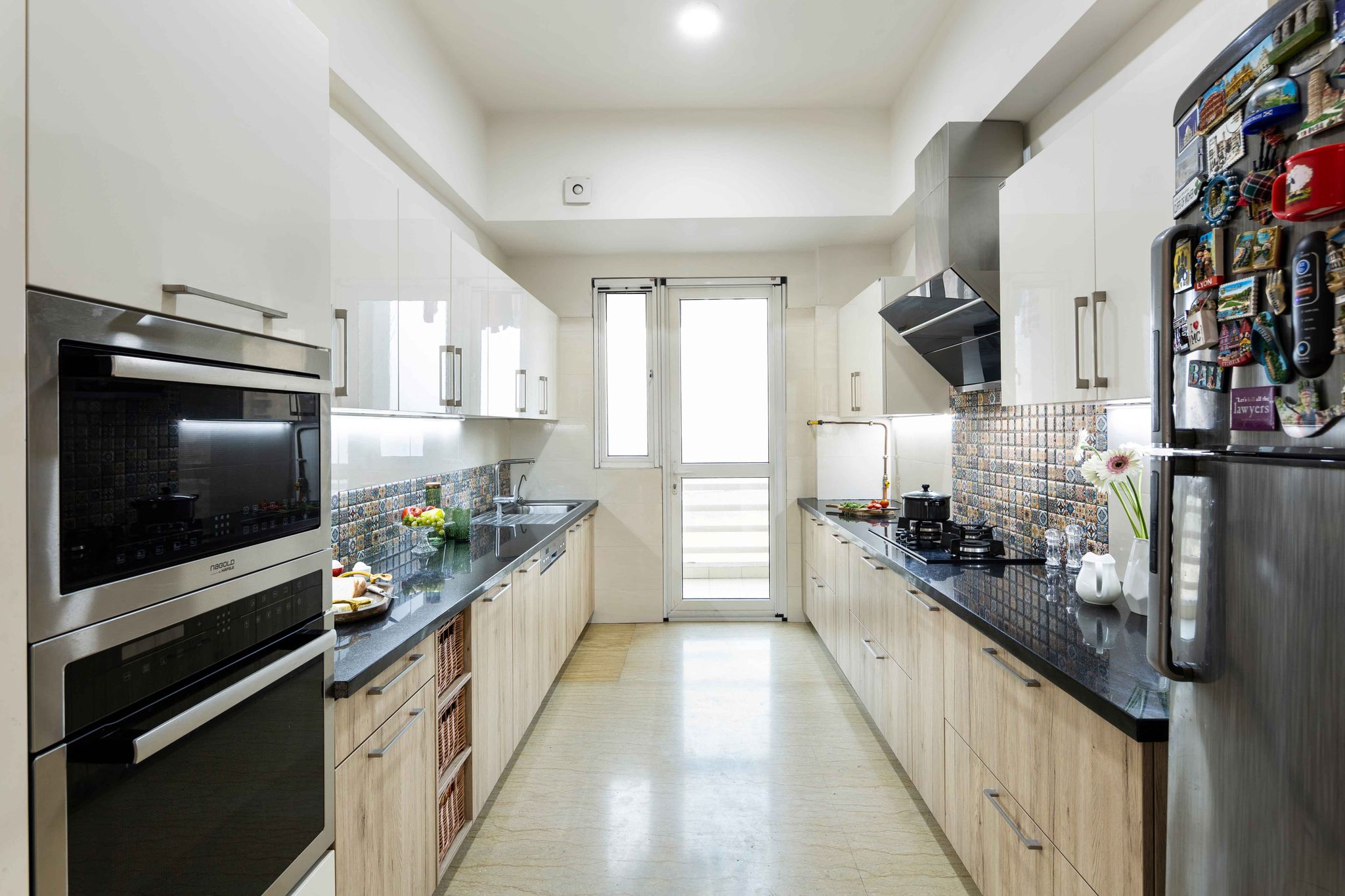 White And Wood Modular Parallel Kitchen Design With Moroccan Backsplash ...