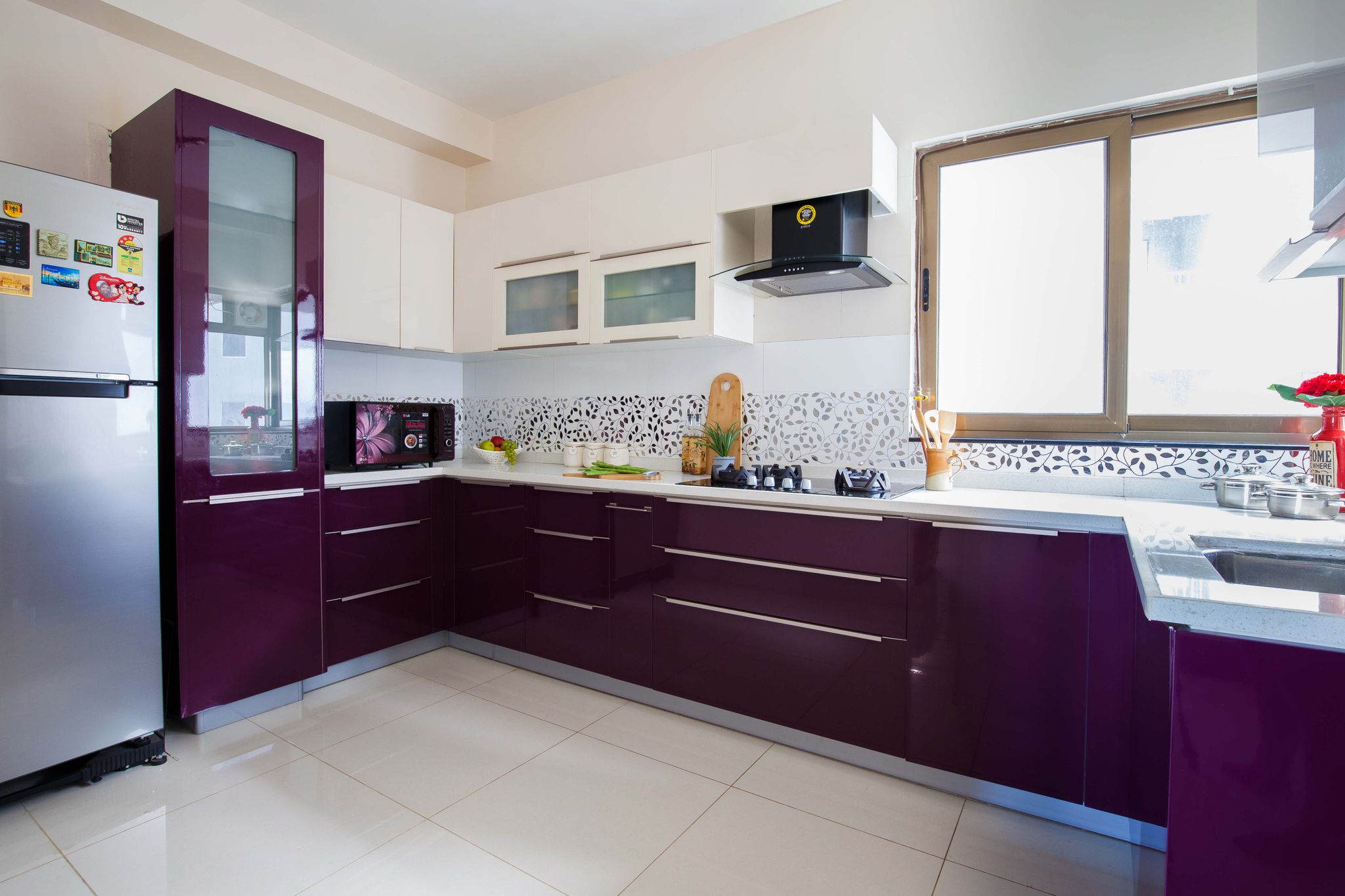 Modular Black Currant And Frosty White U-Shaped Kitchen Design | Livspace