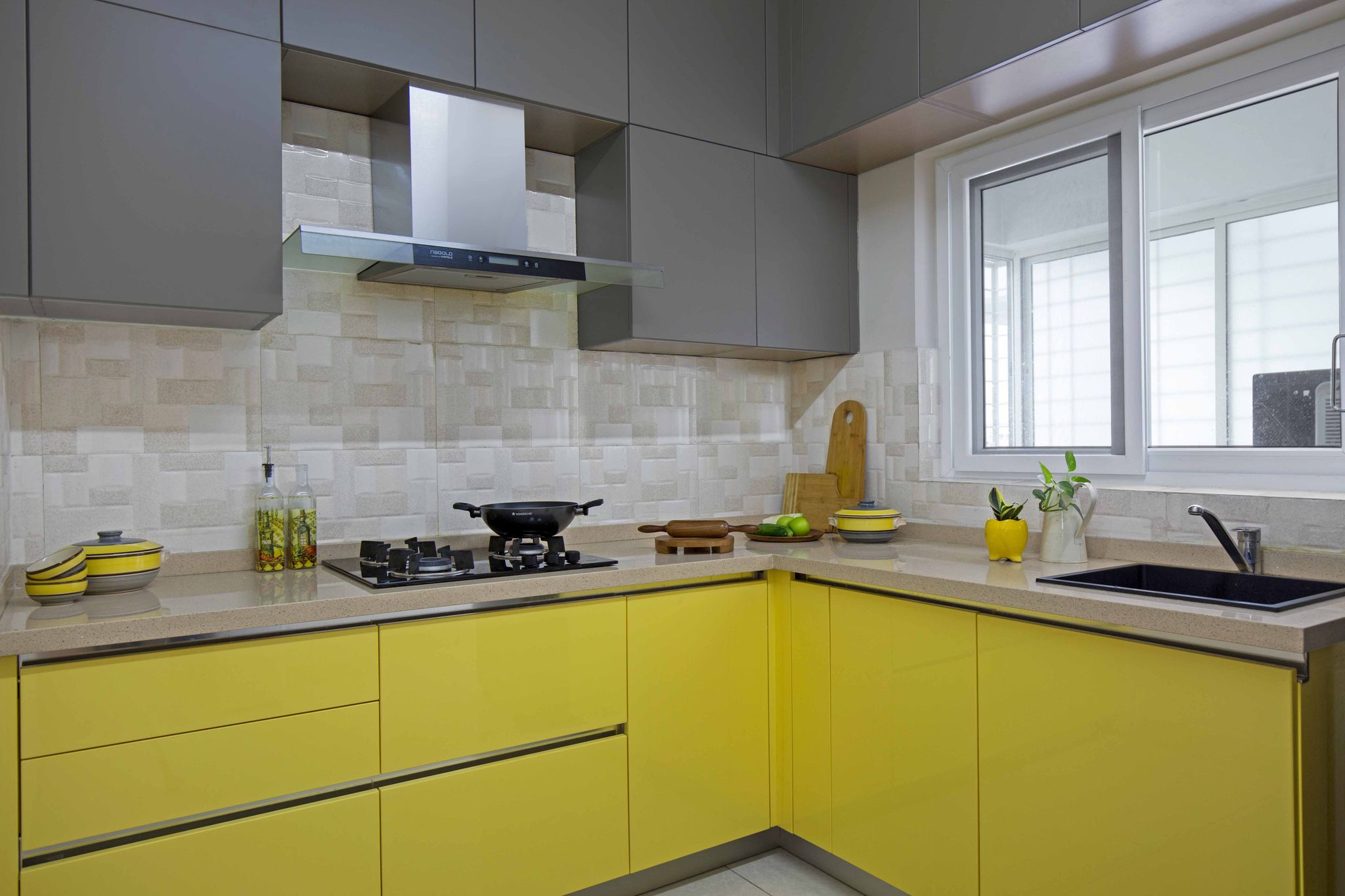 Marrigold Yellow And Grey Modular L Shaped Kitchen Design | Livspace