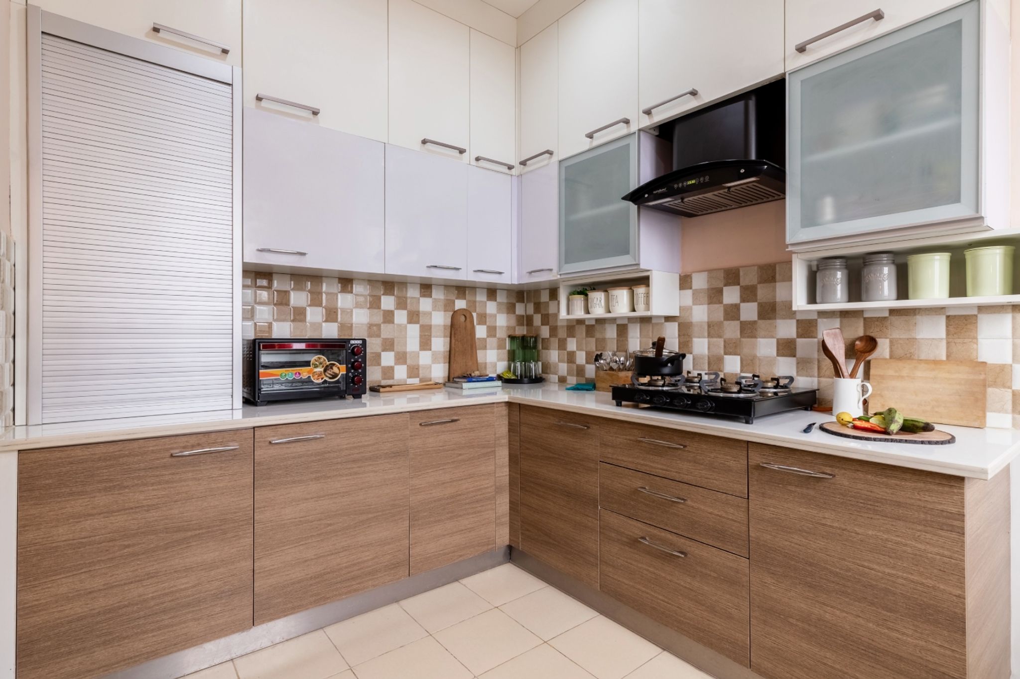 Vertical Walnut And Grey Modular L Shape Kitchen Design | Livspace