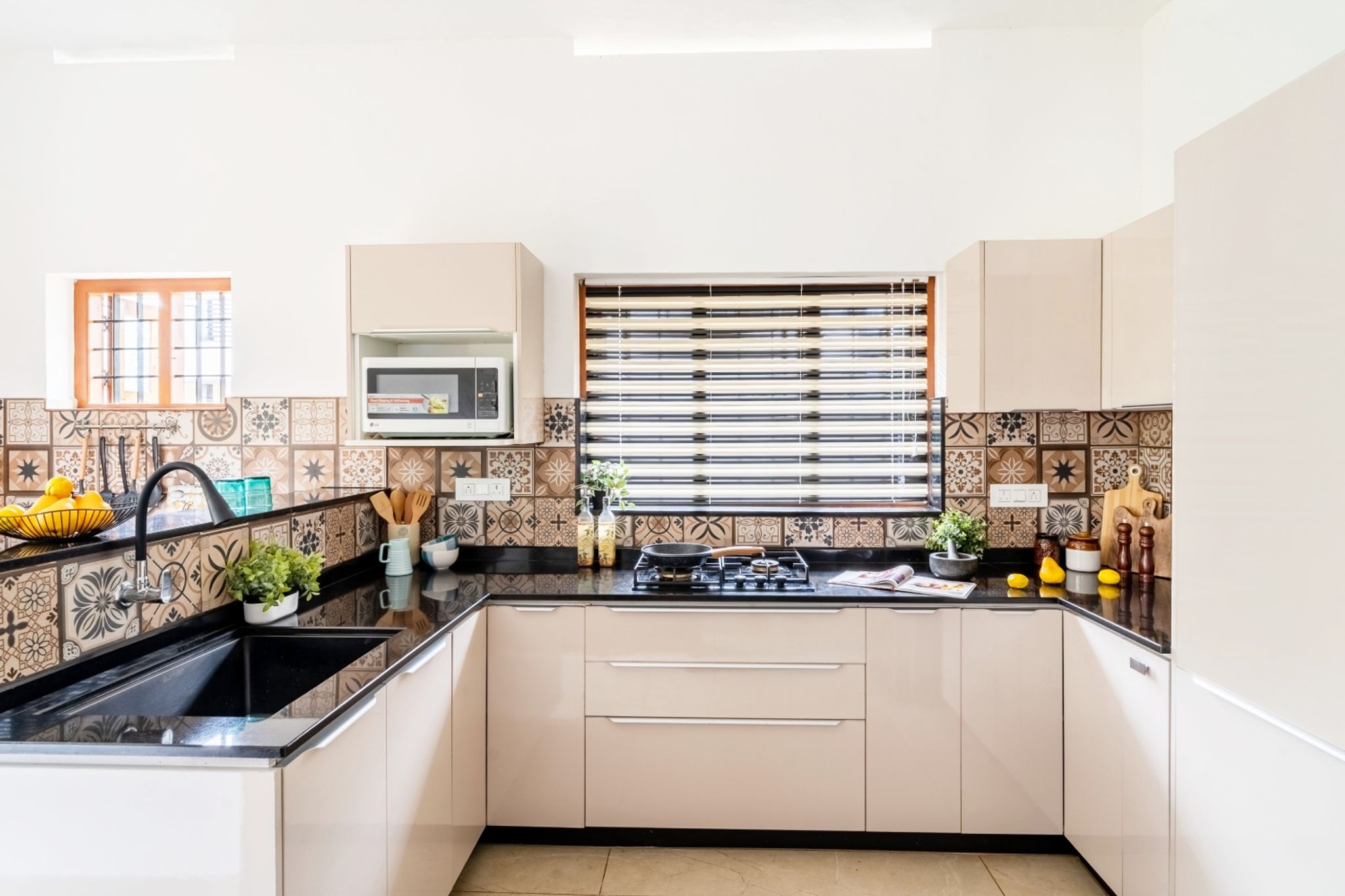 U Shaped Modular Kitchen Design With Sand Satin Cabinets | Livspace
