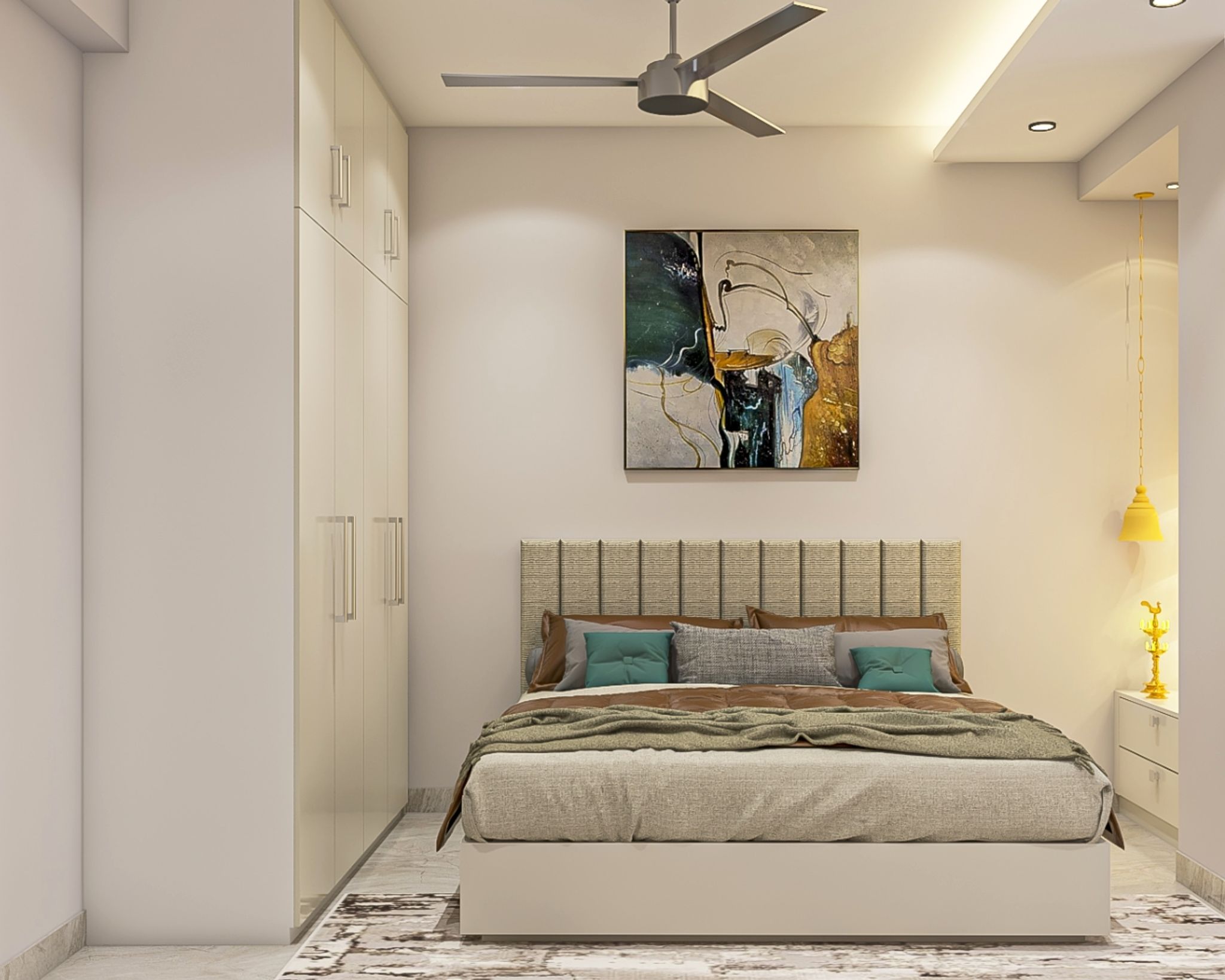Guest Room Design With Beige Headboard And 4-Door Wardrobe | Livspace