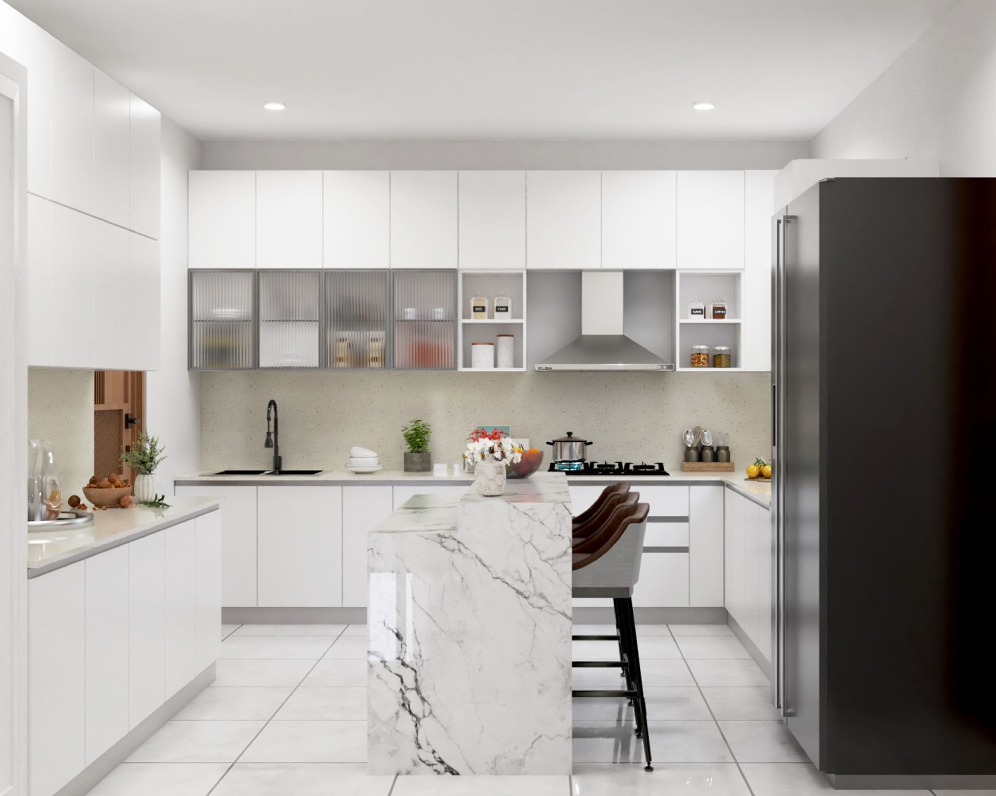 Suede Frosty White Modular Island Kitchen Design| Livspace