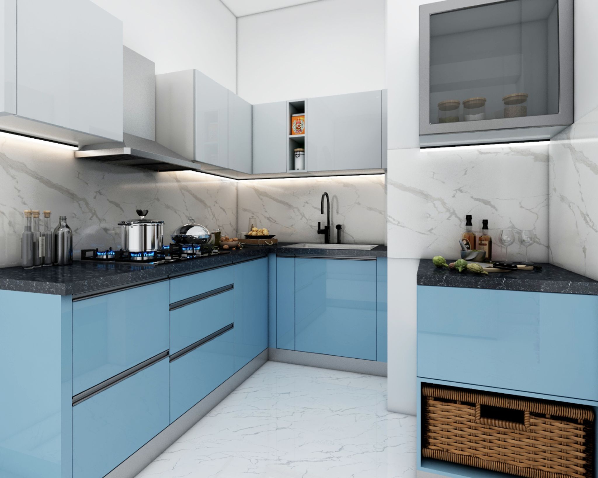 Blue And Smoke Grey L Shaped Modular Kitchen Design | Livspace