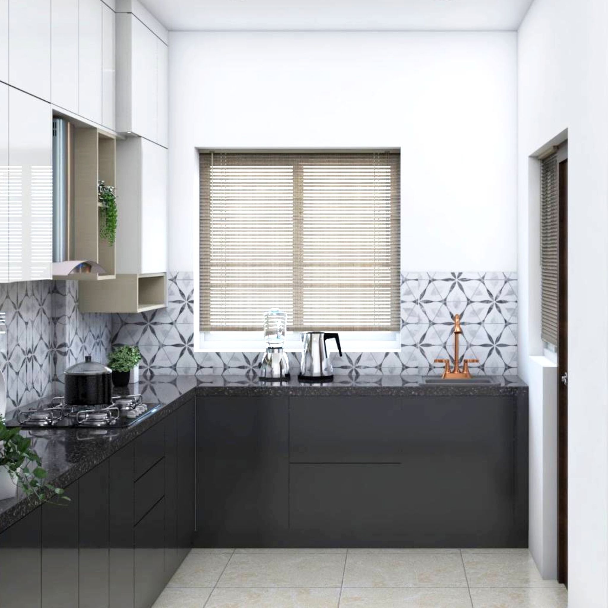 Black And White L Shaped Modular Kitchen Design With Dado Tiles | Livspace