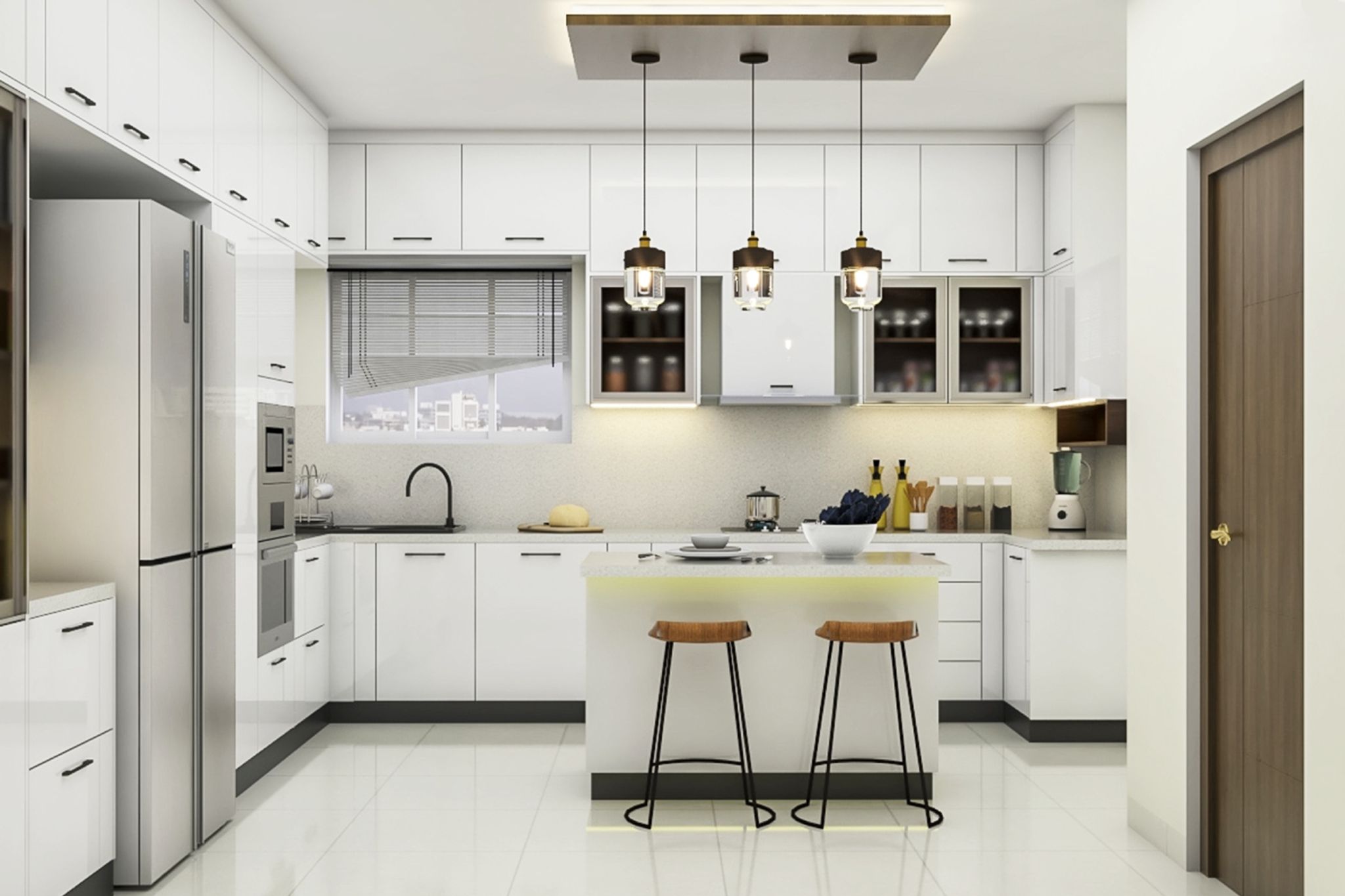 U Shaped Modular Island Kitchen Design In Frosty White | Livspace