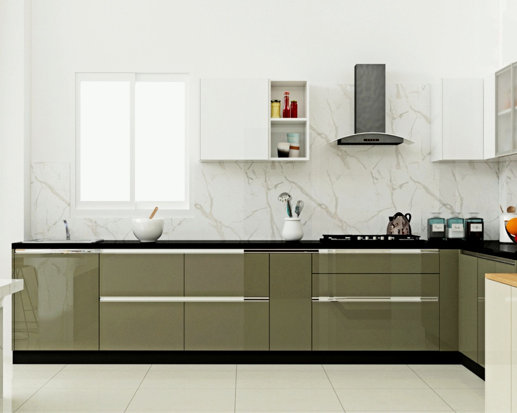 Modular Open Kitchen Design With High-Gloss Green And White Cabinets ...