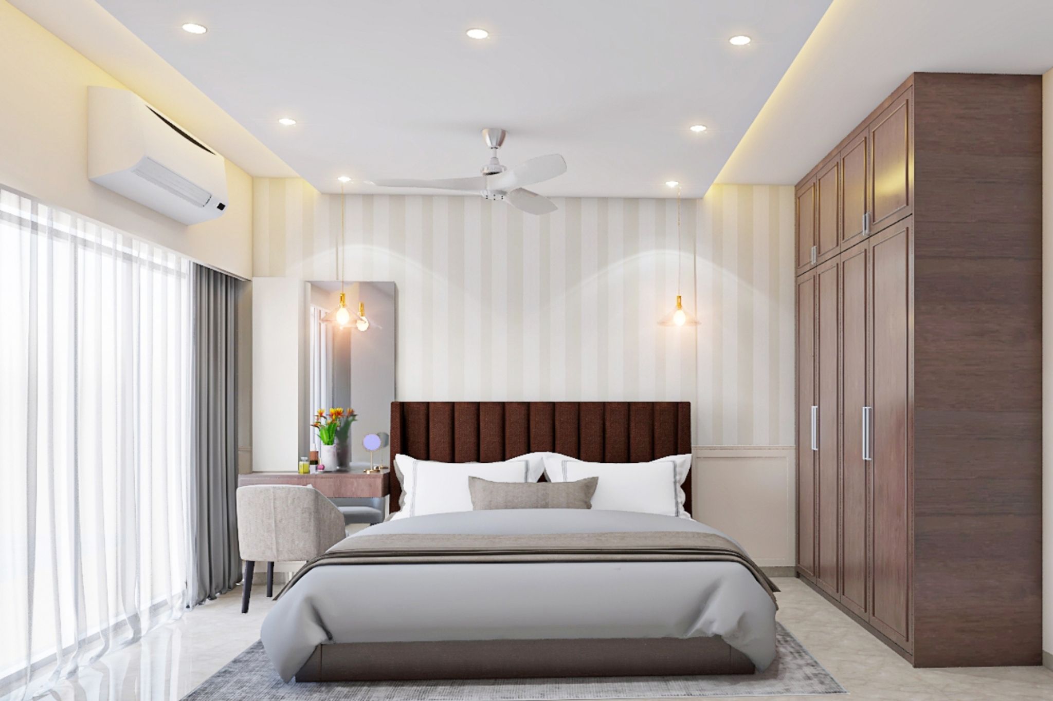 Master Bedroom Design With Beige And White Striped Wallpaper | Livspace
