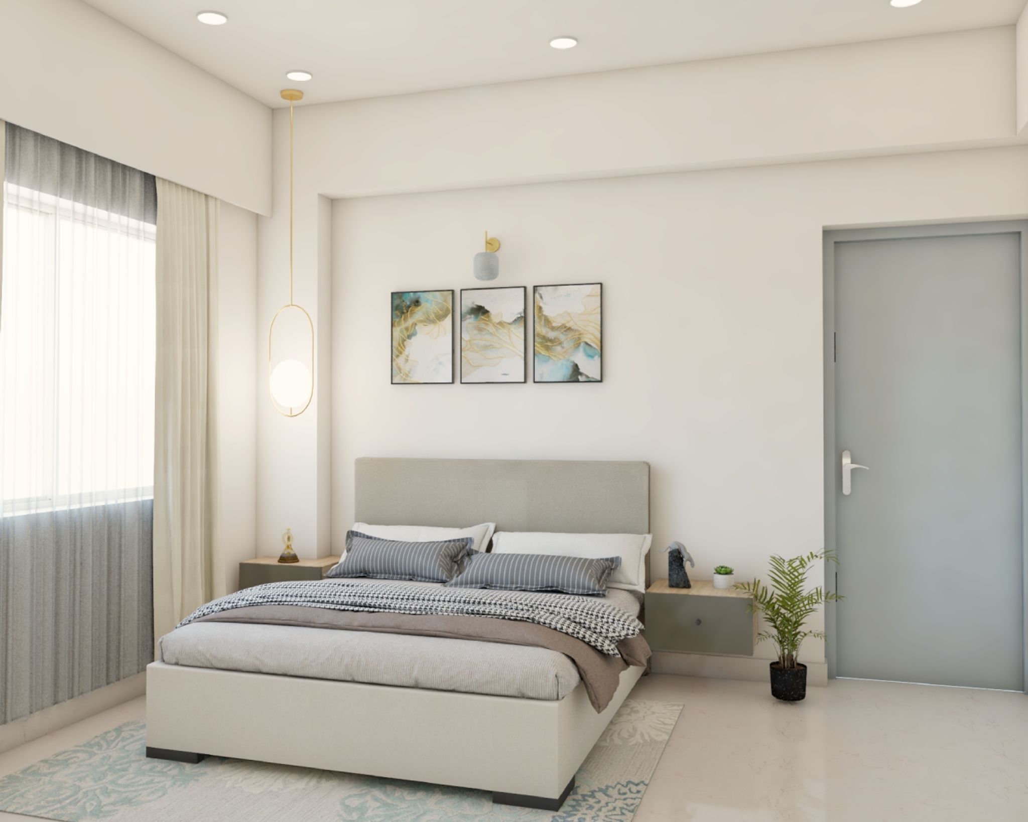 Master Bedroom Design With Grey Headboard | Livspace
