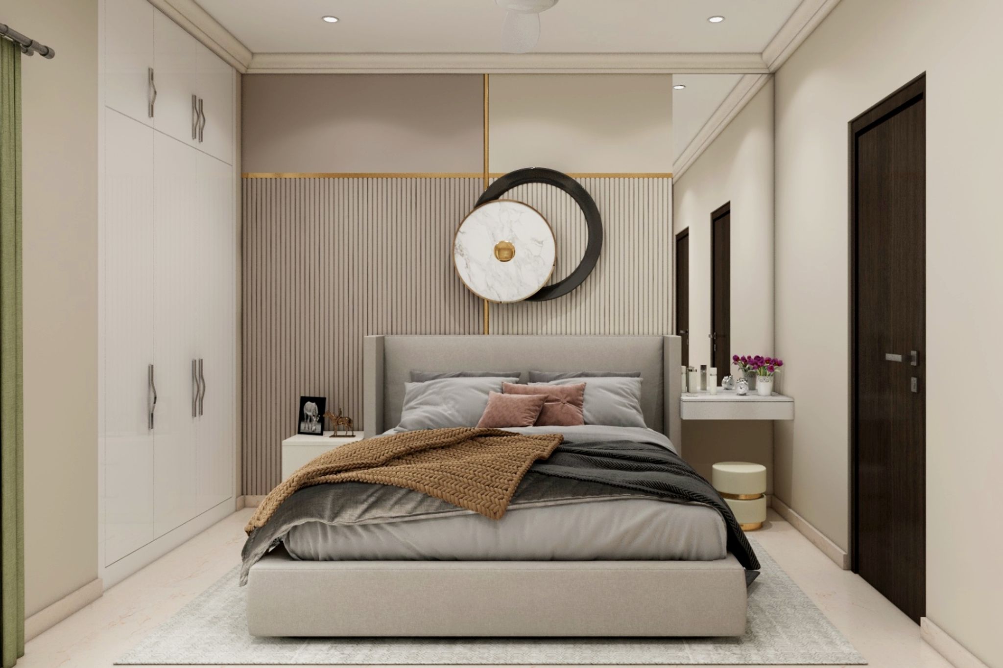 Master Bedroom Design With Beige And Brown Accent Wall And Fluted ...