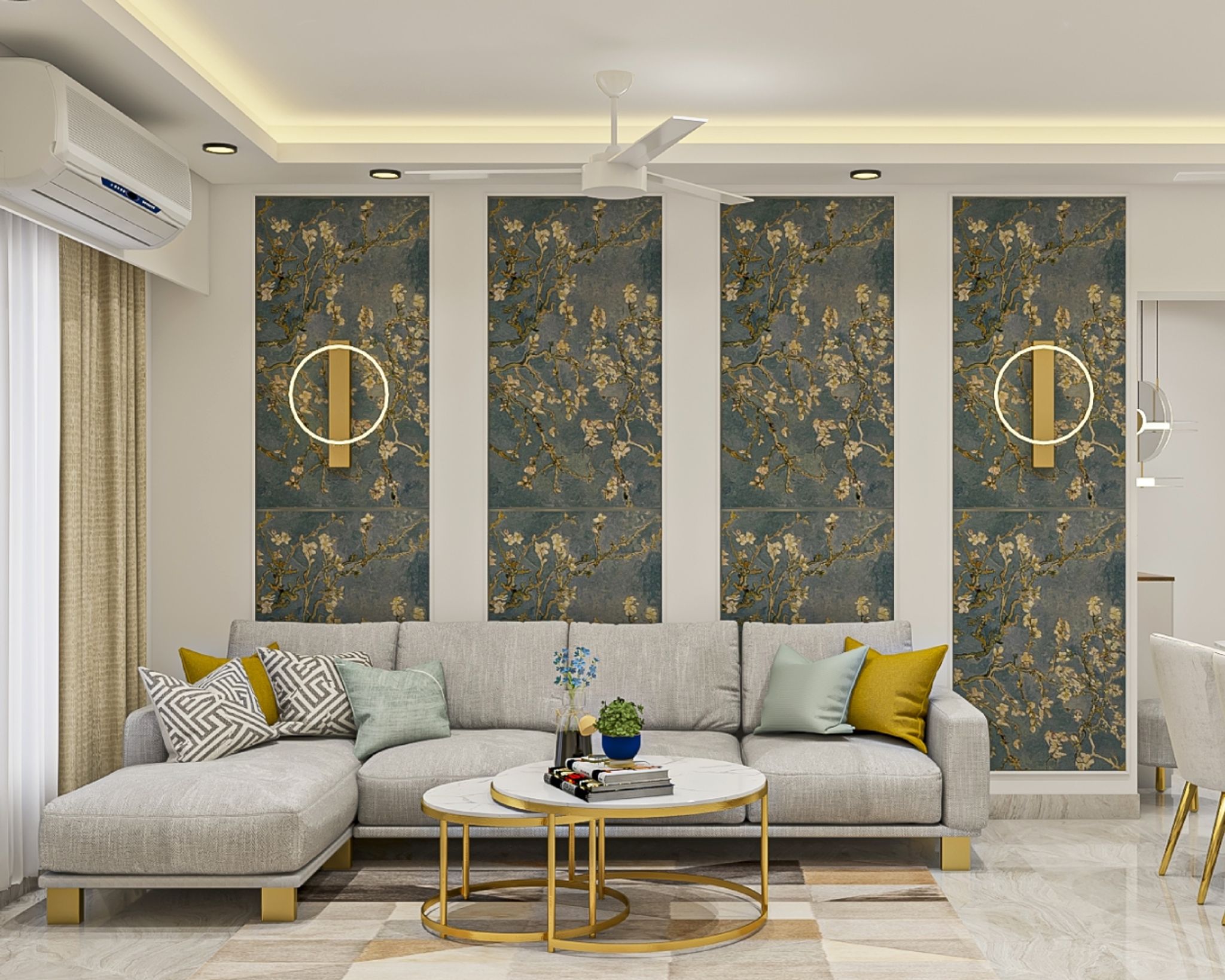 Grey And Cream Living Room Floral And Leafy Wallpaper Design Livspace