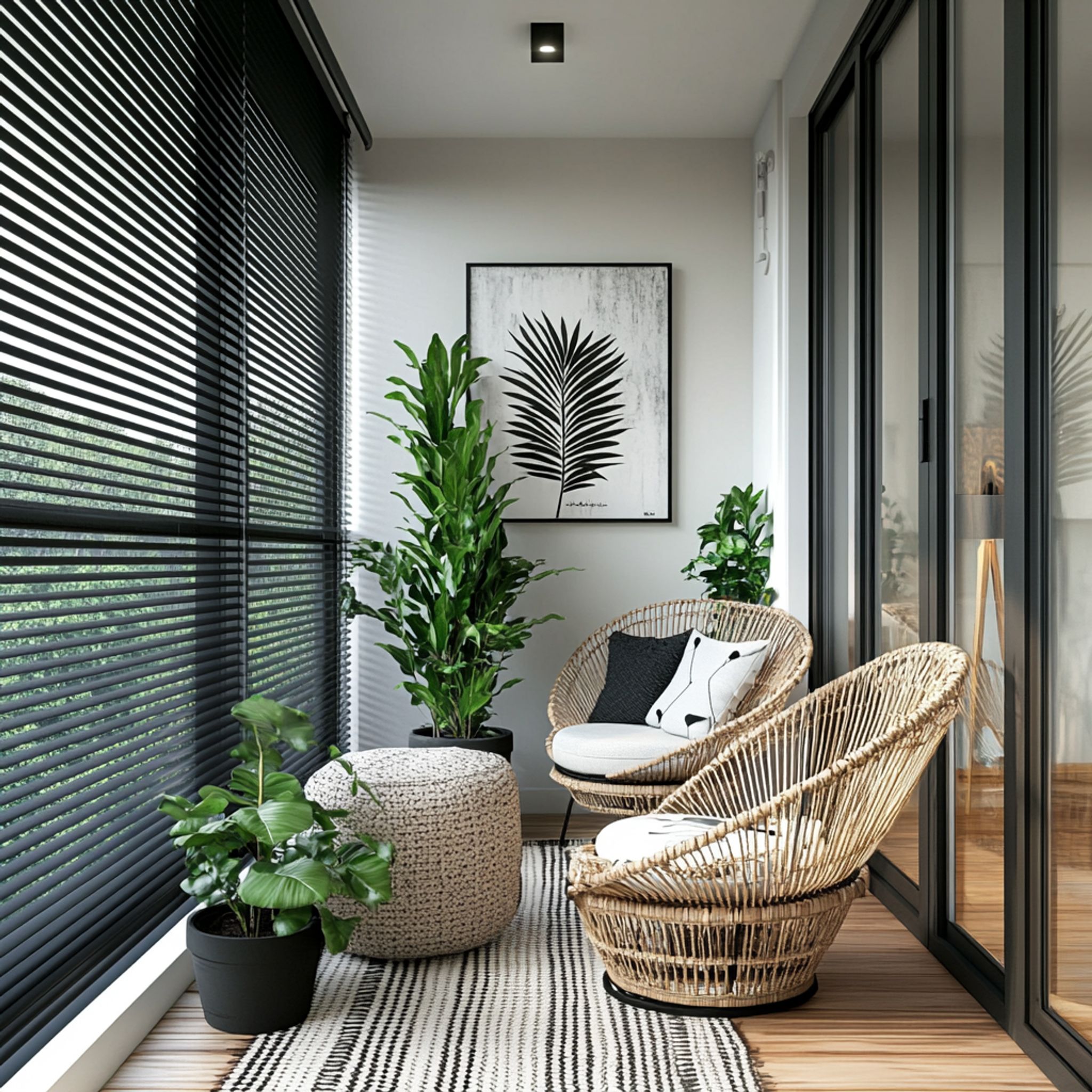 Balcony Design Featuring Scandinavian Woven Wicker Chairs and Wooden ...