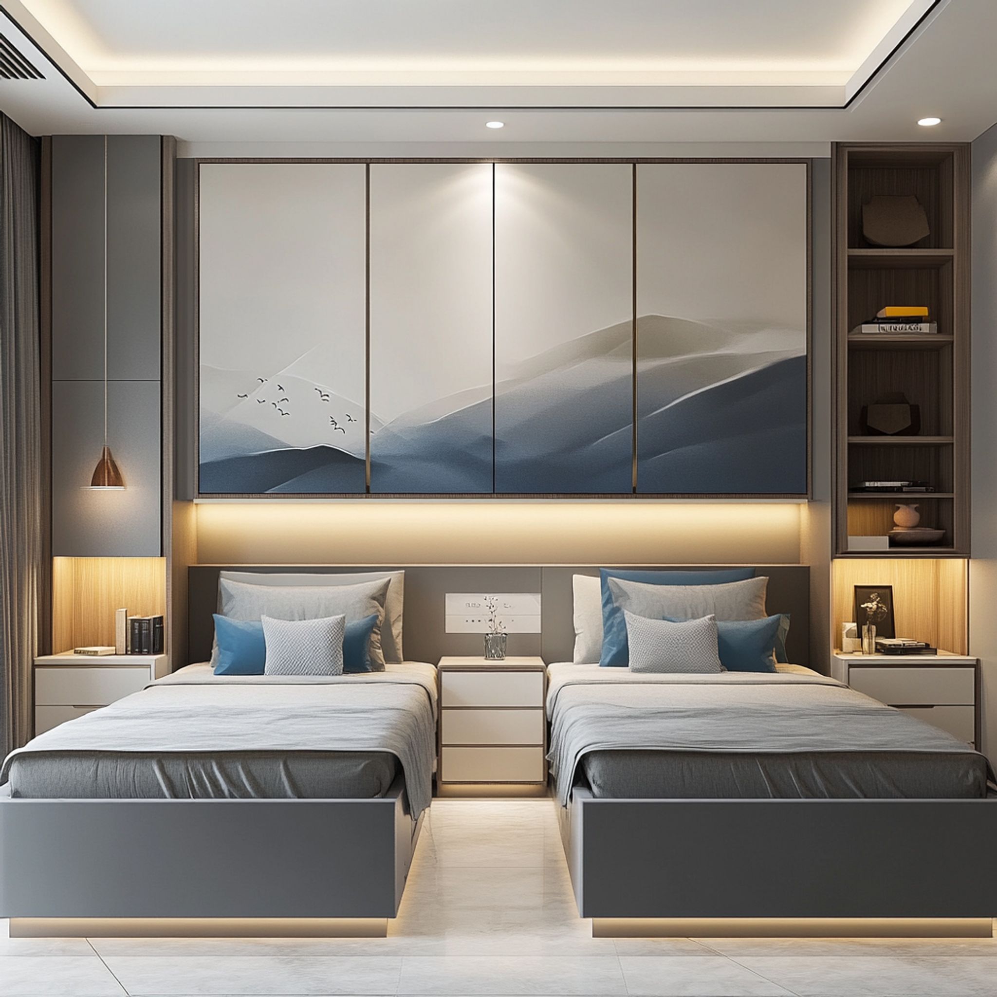 Space-Saving Double Bed Design with Integrated Overhead Storage and Wall Shelves | Livspace