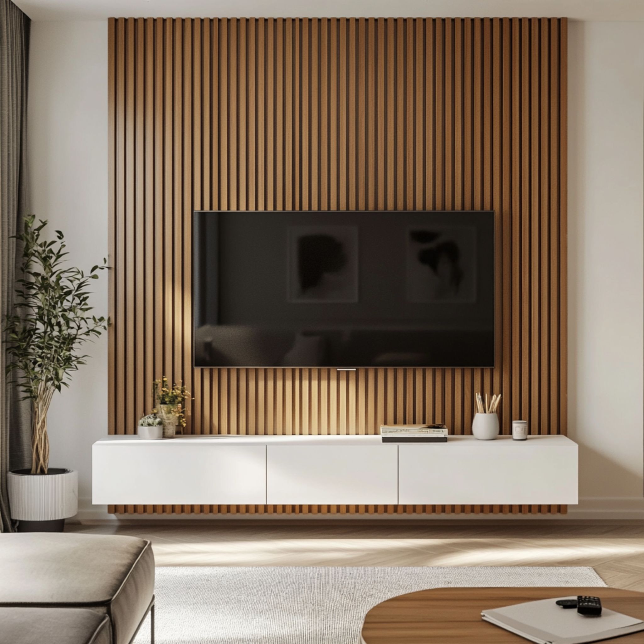 Minimal White TV Unit Design with Wooden Fluted Panel and Wall-Mounted ...