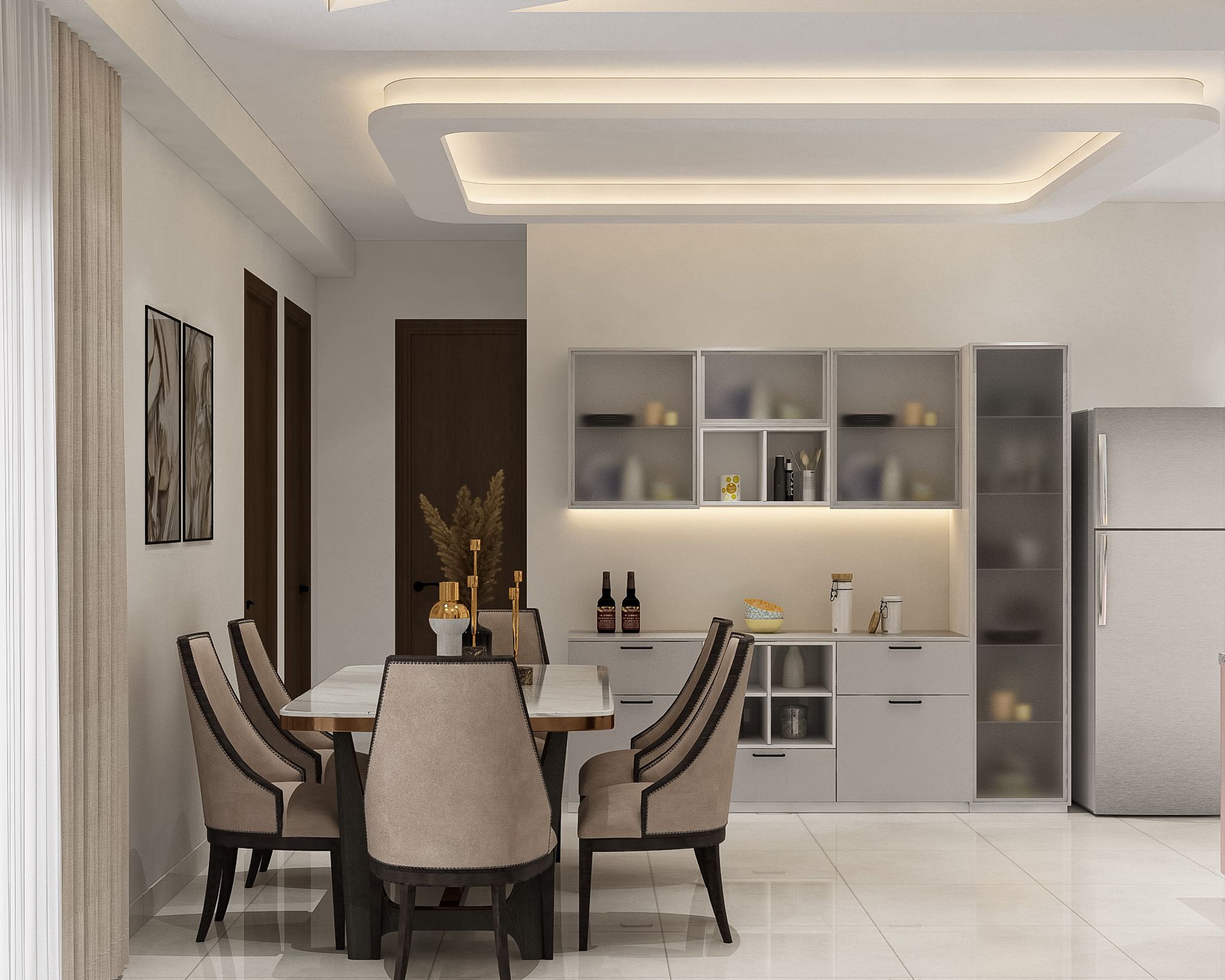 Dining Room Design with Contemporary Marble Table, Crockery Unit and ...