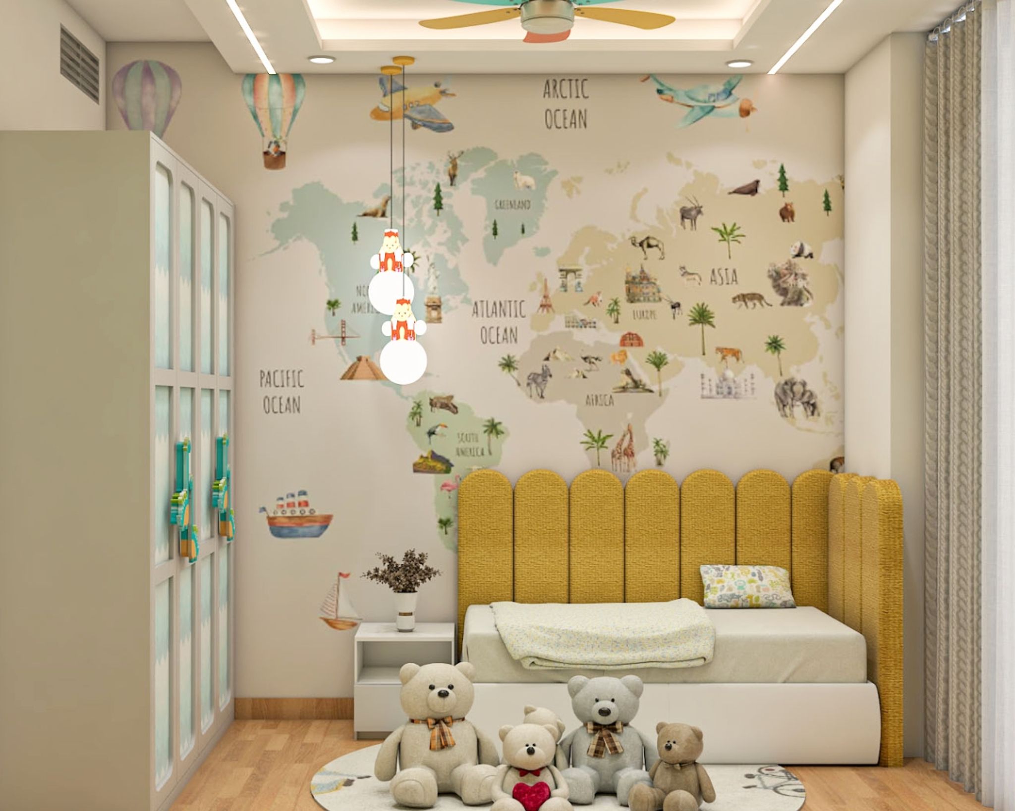 Colorful Contemporary Kids Bedroom Design with World Map and Yellow ...
