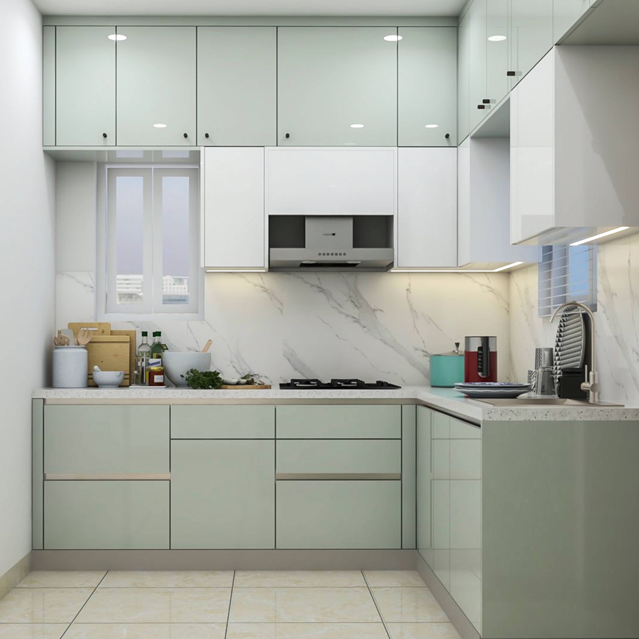 L-Shaped Modern Kitchen Design with Marble Countertop, White and Light ...