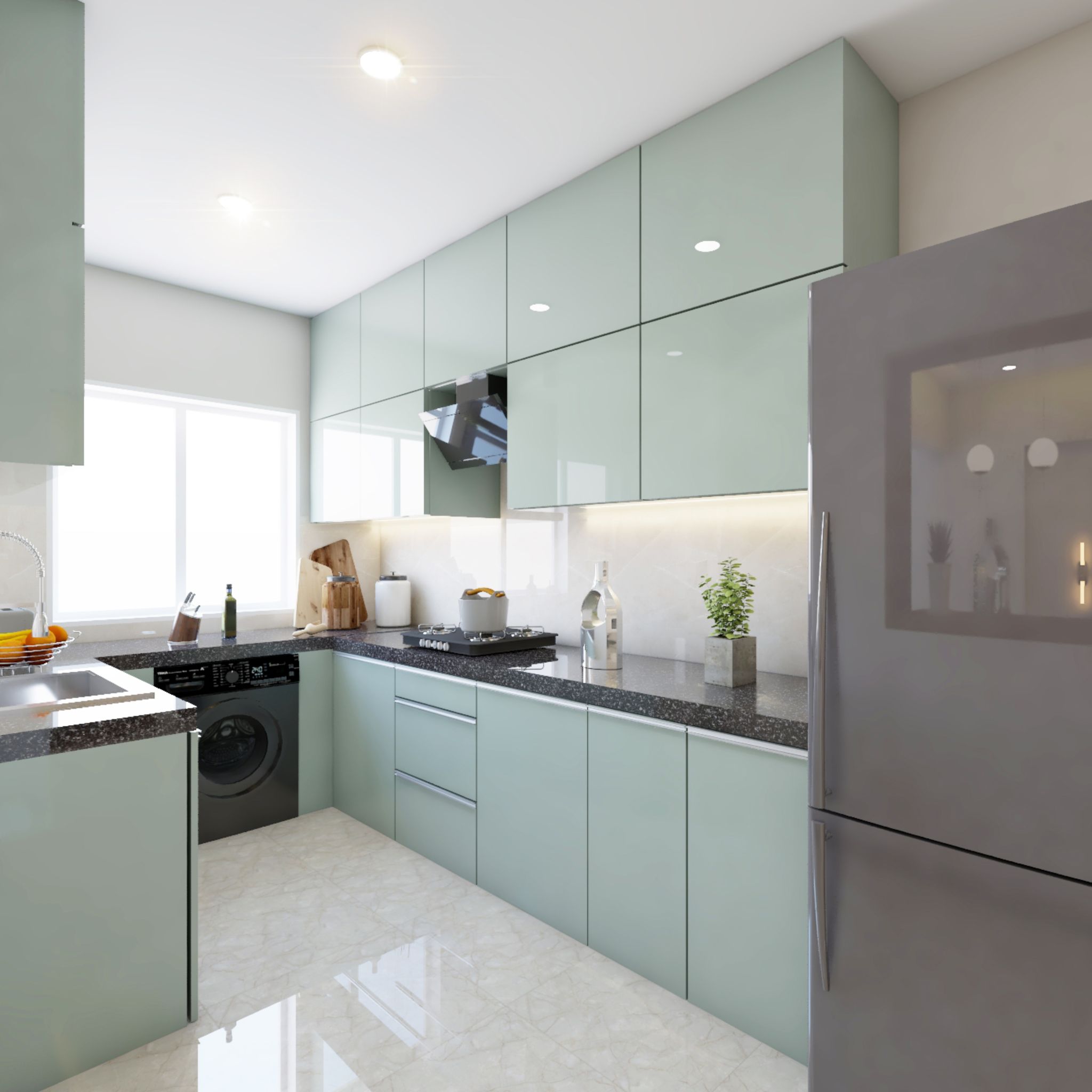 U-Shaped Modern Kitchen Design with Granite Countertop, Blue Cabinets ...