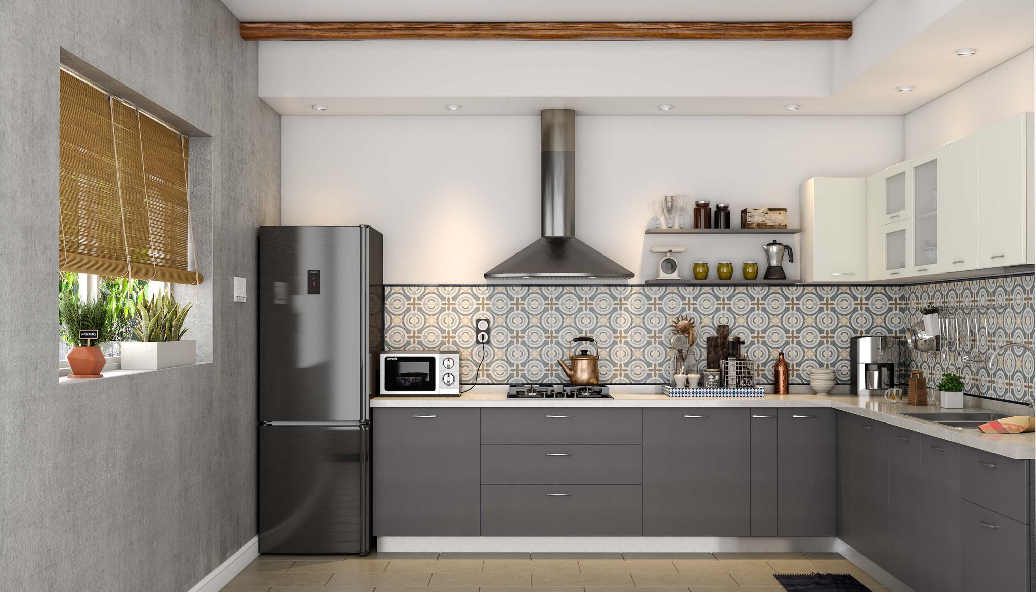 L-Shaped Modern Kitchen Design with Quartz Countertop, Backsplash, and ...