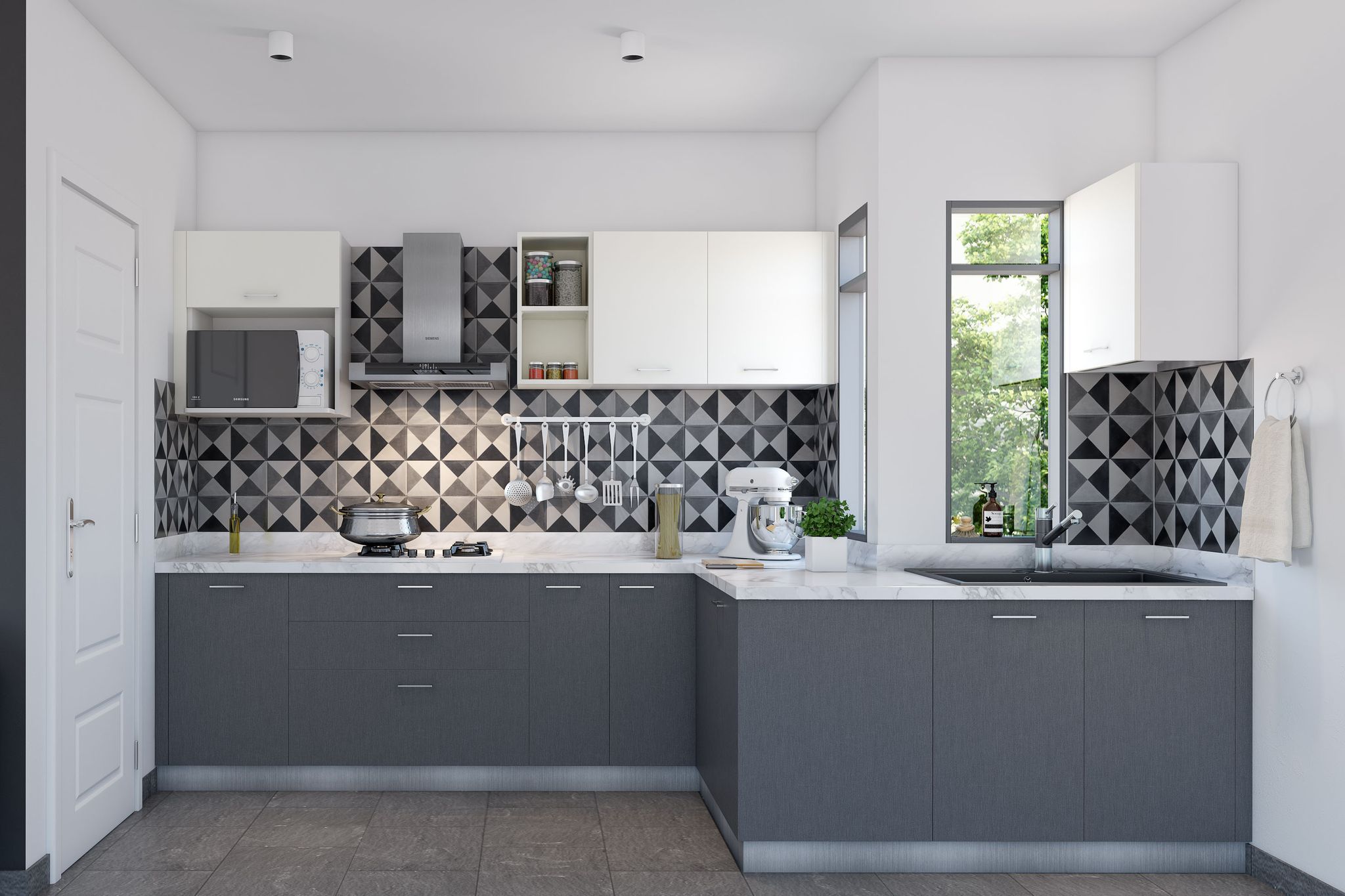 Open Kitchen Design with Quartz Countertop, Cabinets and Drawer and ...