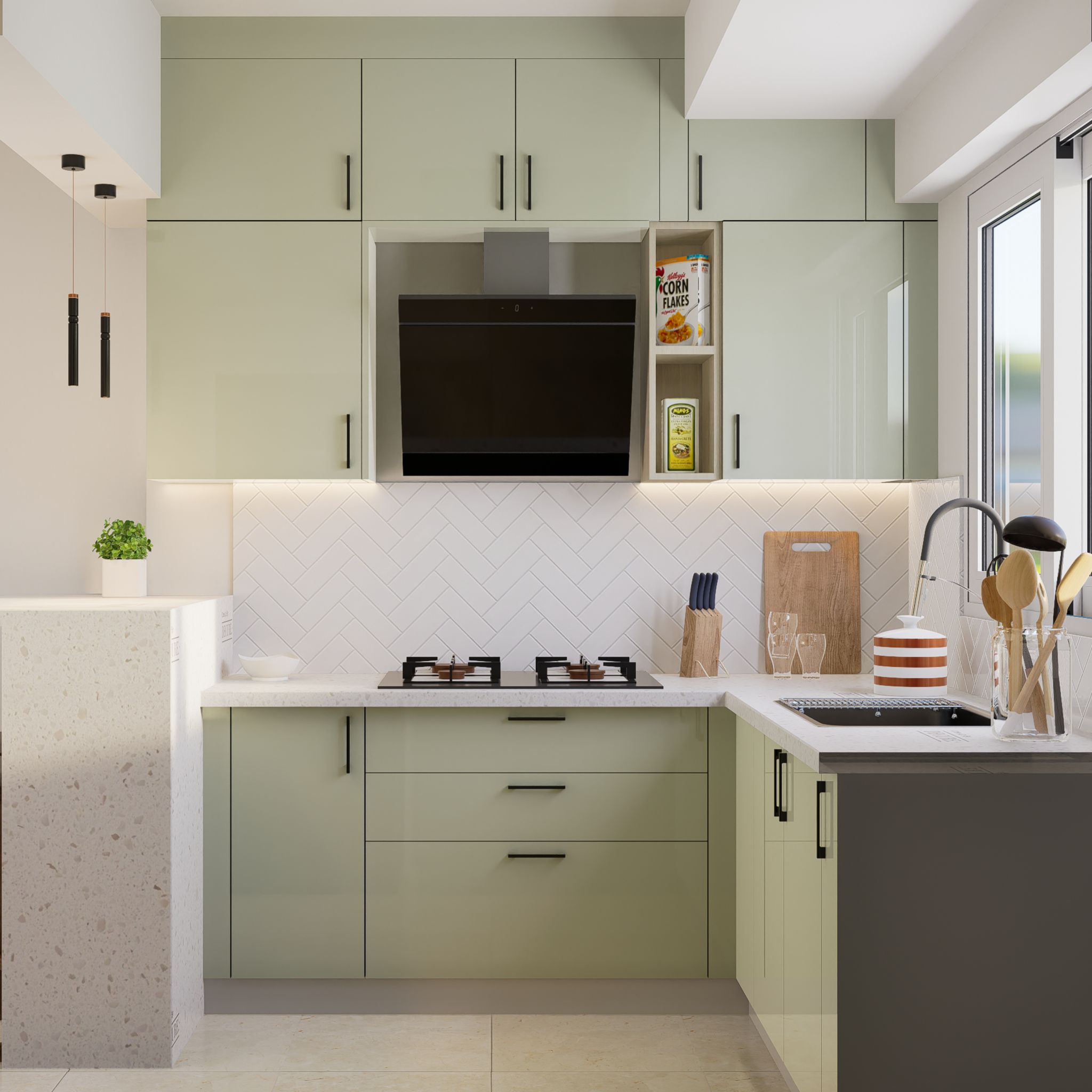 Modern L-Shaped Kitchen Design with High Gloss Laminate and Marble ...