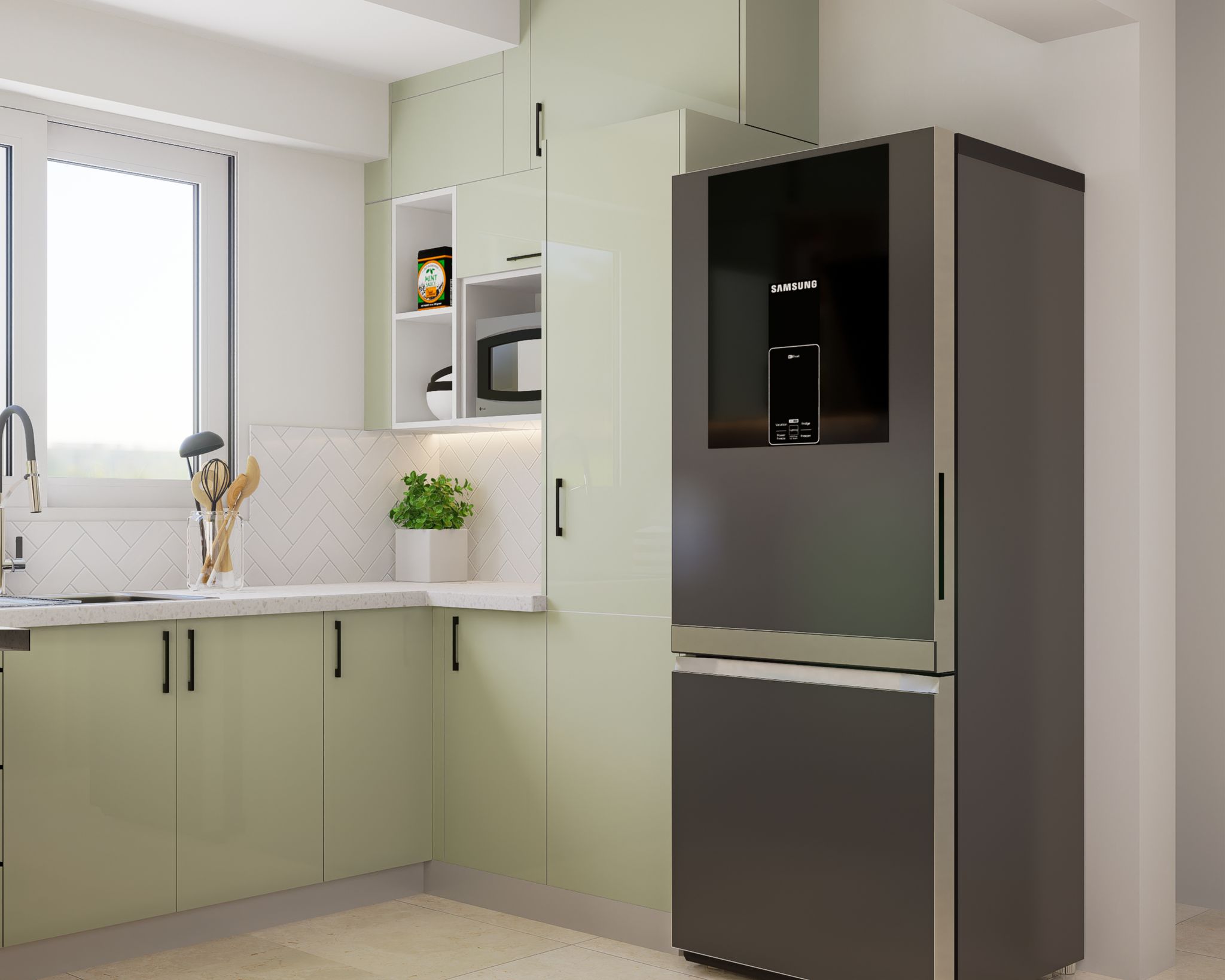 Modern L-Shaped Kitchen Design with High Gloss Laminate and Marble ...