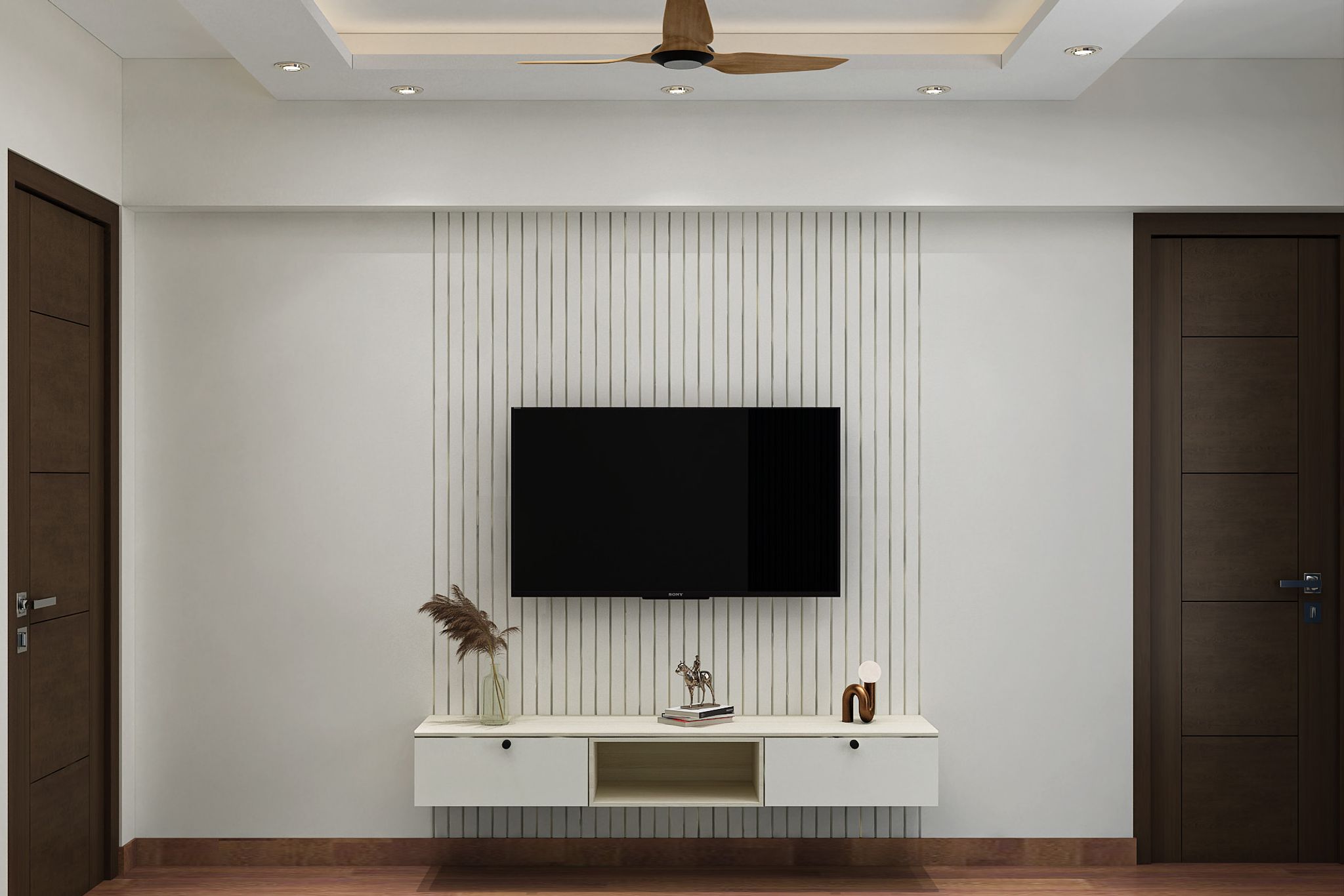 Wall-Mounted Modern TV Unit Design with Frosty White Base and Vertical Groove Wall | Livspace