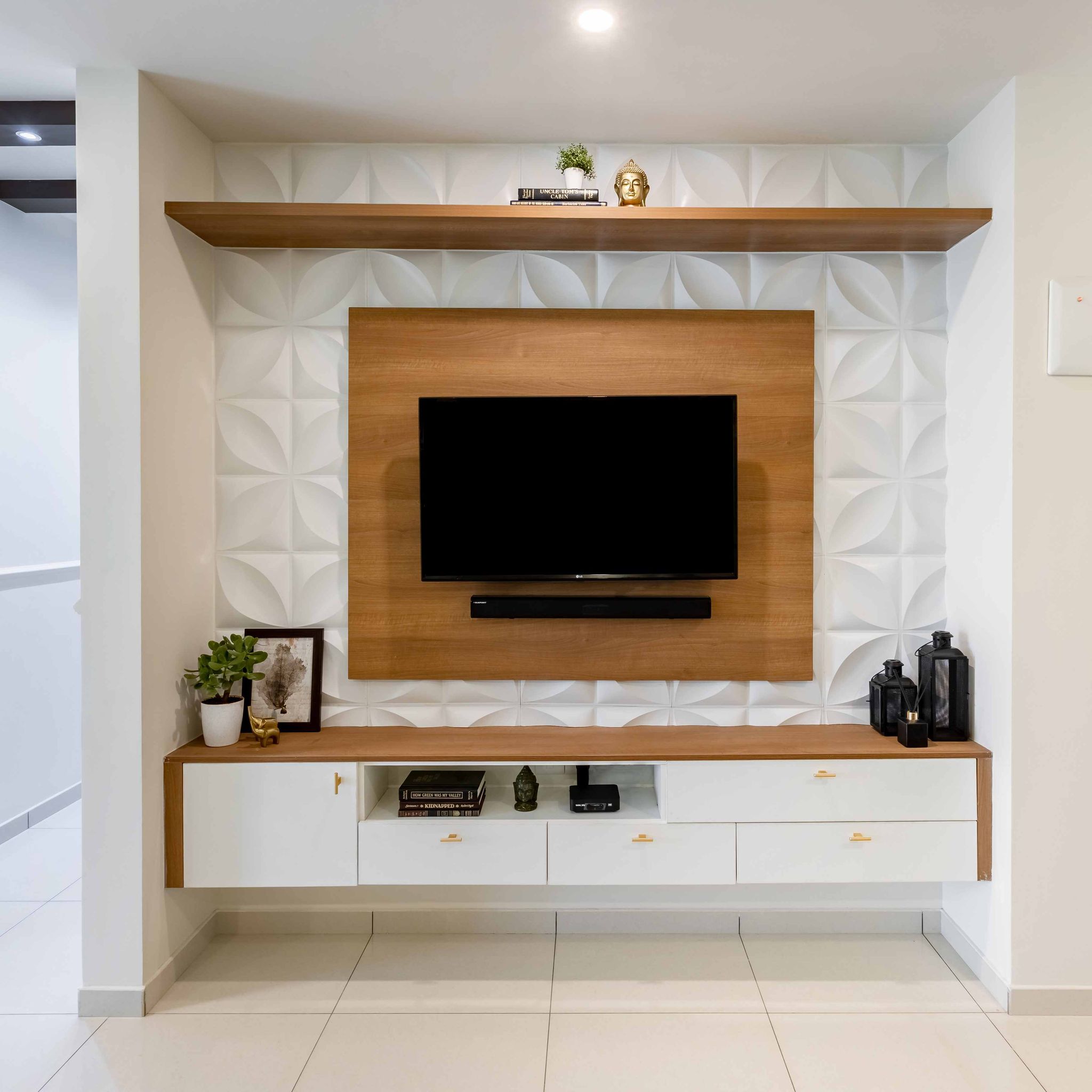 White And Brown Wall Design For Living Rooms | Livspace