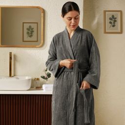 Solid Jacquard 360 GSM 100% Cotton Grey Large Bath Robe | De Jacquard