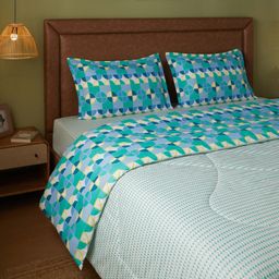 Geometric 144 TC Cotton Kaleido Teal Double Bedding Set | Mishella