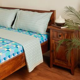Geometric 144 TC Cotton Orbit Teal Double Bedding Set | Mishella
