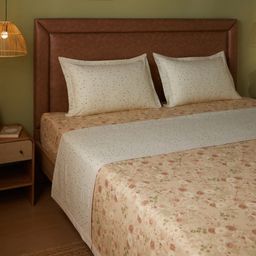 Floral Geometric 144 TC 100% Cotton Beige Double Bedding Set | Mishella