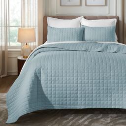 Box Quilted Solid 200 TC 100% Cotton Percale French Blue King Bed Cover Set | Nuvola