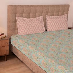 Indian Heritage 144 TC 100% Cotton Sea Glass Double Bedsheet Set | Aangan Weaves