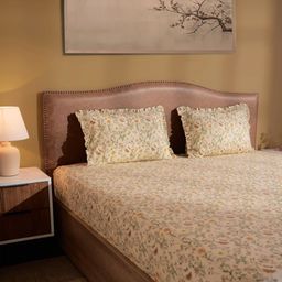 Floral 200 TC Cotton Mustard Super King Bedsheet Set | Bloomshire Luxe