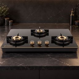 Intellia 3-burner Brass Cooktop | Premium Glasstop, Gold Themed Knobs | Auto Ignition - 77 cm