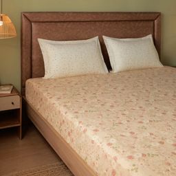 Floral Geometric 144 TC 100% Cotton Beige Super King Bedsheet Set | Mishella