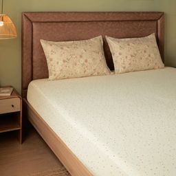 Floral Geometric 144 TC 100% Cotton Cream Super King Bedsheet Set | Mishella
