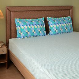 Geometric 144 TC 100% Cotton Kaleido Teal Double Bedsheet Set | Mishella