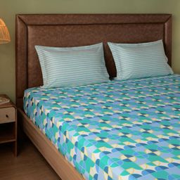 Geometric 144 TC 100% Cotton Orbit Teal Double Bedsheet Set | Mishella