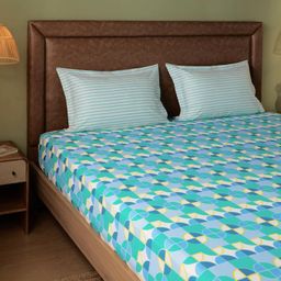 Geometric 144 TC 100% Cotton Orbit Teal Queen Fitted Sheet Set | Mishella