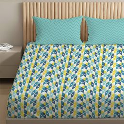 Geometric 144 TC 100% Cotton Tasello Teal King Bedsheet Set | Pure Nest