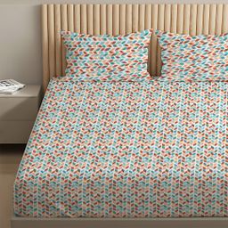 Geometric 144 TC 100% Cotton Blue Rust King Bedsheet Set | Pure Nest